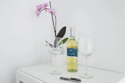 a bottle of wine and two glasses on a table at St.Peter Accomodation in Rome