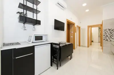 a kitchen with black and white appliances and a microwave at Ottaviano Exclusive Maison in Rome
