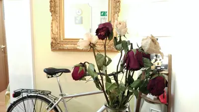 a vase with flowers in it next to a bike at Dreaming Navona Rooms in Rome