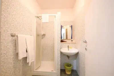 a small bathroom with a sink and a shower at Hotel Alexis in Rome