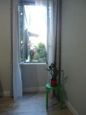 a plant sitting on a stool in front of a window at Le Volute al Pigneto in Rome
