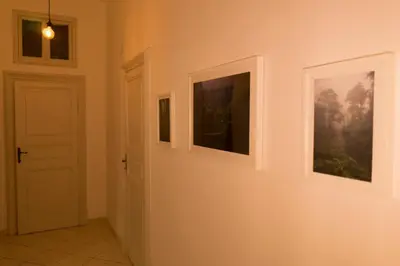 a hallway with two pictures on the wall and a door at Trastevere Corner Eight in Rome