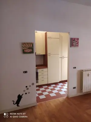 a kitchen with a door with a cat on the wall at Marco's House in Rome