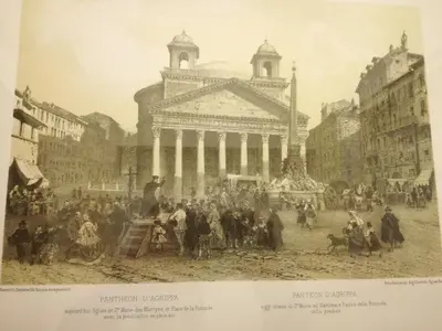an old picture of a building in a city at La Casa Dell'Arte in Rome