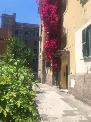 an alley with flowers hanging from the side of a building at Casa vacanze 