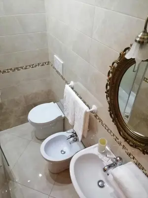 a bathroom with a toilet and a sink and a mirror at Suite Dal Conte in Rome