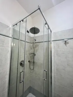 a shower with a glass door in a bathroom at Ponte Milvio - Flat with terrace in Rome