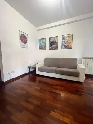 a living room with a couch on a wooden floor at Ponte Milvio - Flat with terrace in Rome