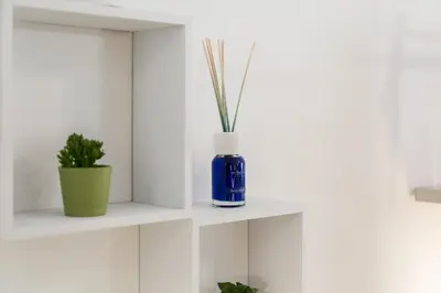 a blue bottle on a white shelf with a plant at Vatican 96 Degli Ubaldi Studio steps from metro and St Peter's in Rome