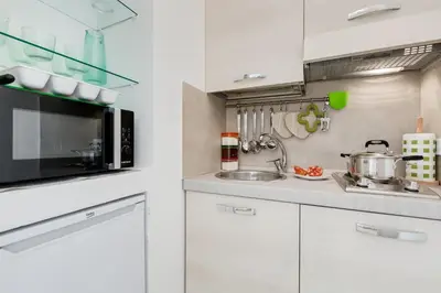 a kitchen with white cabinets and a microwave at Vatican 96 Degli Ubaldi Studio steps from metro and St Peter's in Rome