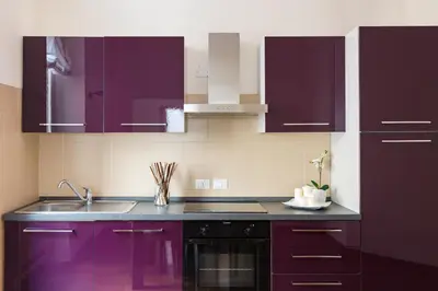 a kitchen with purple cabinets and a sink at The Royal Story in Rome