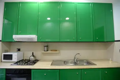 a green kitchen with a sink and a microwave at Casa Andrew in Rome