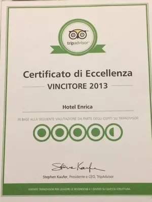 a certificate of eligibility for the certificate of excellence for an event at Albergo Enrica in Rome