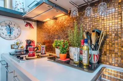 a kitchen counter with bottles and plants on it at Diana Romantic Loft in Rome
