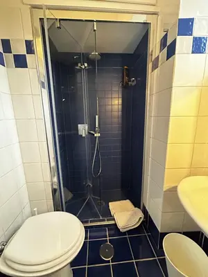 a bathroom with a shower with a toilet and a sink at Vatican Attic in Rome
