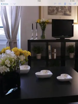 a living room with a table with flowers and a tv at Vatican Attic in Rome
