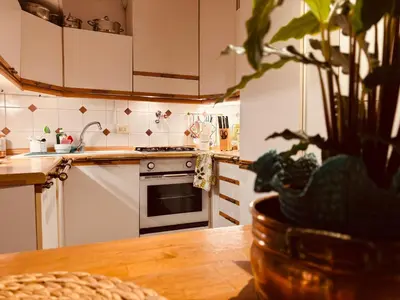 a kitchen with white cabinets and a table with a plant at Paradiso Borgia in Rome