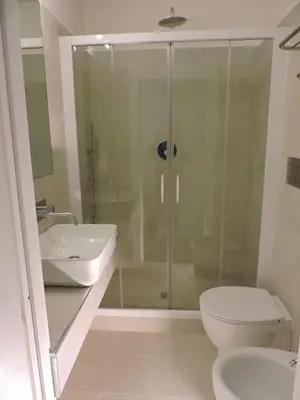a bathroom with a shower and a toilet and a sink at san cosimato suite in Rome