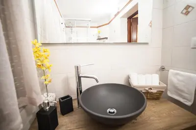 a bathroom with a black sink and a mirror at FL Apartments Al Mattonato n4 in Rome