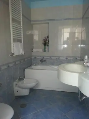 a bathroom with a tub and a sink and a toilet at Hotel Louisiana in Rome