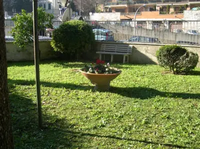 a pot of flowers in a yard with a bench at Marco E Laura Affittacamere al Vaticano in Rome