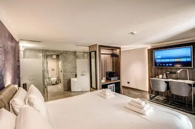 a bedroom with a large white bed and a television at PAX hotel in Rome