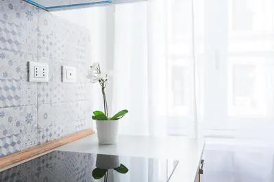 a white table with a plant on it in a room at The Regal Suite in Rome