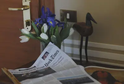 a newspaper and a vase of flowers on a table at Hotel Lancelot in Rome