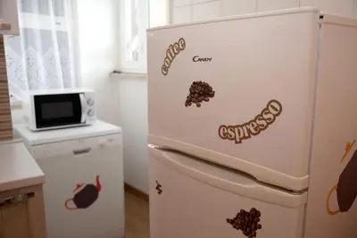a white refrigerator in a kitchen with a microwave at Accogliente Appartamento al Colosseo in Rome