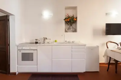a white kitchen with a sink and a vase of flowers at The Piccolo Apartment in Rome