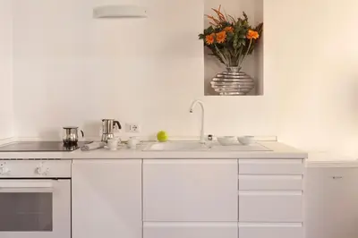 a white kitchen with a sink and a vase of flowers at The Piccolo Apartment in Rome