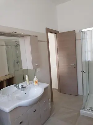 a bathroom with a sink and a shower and a mirror at San Pietro house in Rome