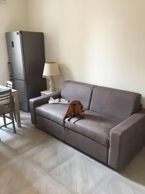 a brown couch in a living room with a table at San Pietro house in Rome