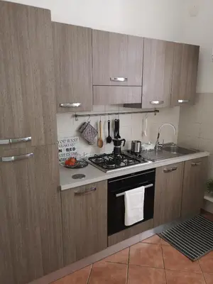 a kitchen with wooden cabinets and a stove top oven at Chic 'N Charme Trastevere Terrace in Rome