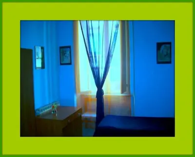 a bedroom with a blue curtain and a window at B&B Cappellini in Rome
