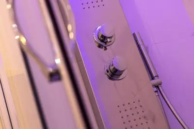 a purple shower with two knobs on a wall at Quiriti Vatican Relais in Rome