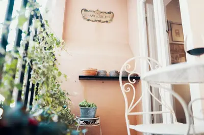 a porch with a chair and a shelf with plants at Domus Quiritum Charming, Appartamento d'Epoca a Campo de' Fiori in Rome