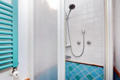 a shower in a bathroom with a blue at Characteristic apartment just beside the Vatican in Rome