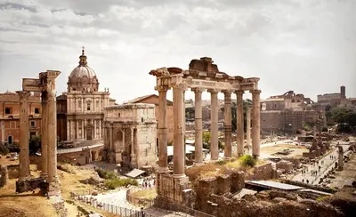 an aerial view of the ruins of the ancient city at AnnoDomini in Rome