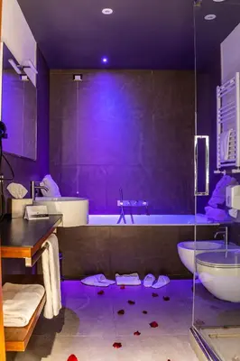 a purple bathroom with a tub and a sink at Gasometer Urban Suites in Rome