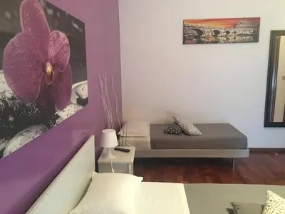 a bedroom with a bed and a purple wall at Domum Vaticani in Rome