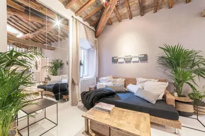 a living room with a couch and some plants at Loft&Terrace - Elevated Elegance at Navona in Rome