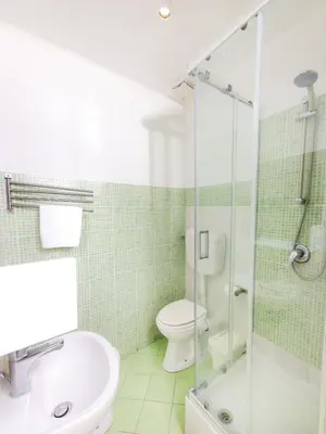 a bathroom with a toilet and a glass shower at Cielo Vaticano Guest House in Rome