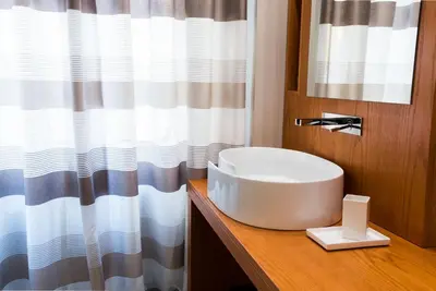 a bathroom with a sink and a shower curtain at Unicum Vite in Rome