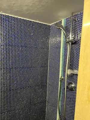 a shower in a bathroom with a blue tiled wall at Sunny Side Trastevere in Rome