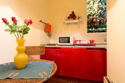 a kitchen with red cabinets and a vase with flowers at Apartment Margutta Center in Rome