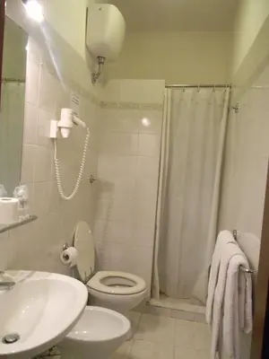 a bathroom with a toilet and a shower and a sink at Hotel Primavera in Rome