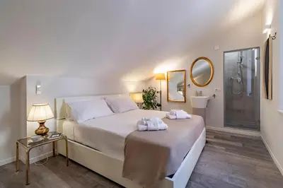 a bedroom with a large bed and a shower at Palazzo storico Dormo da Lisa - Colosseo in Rome