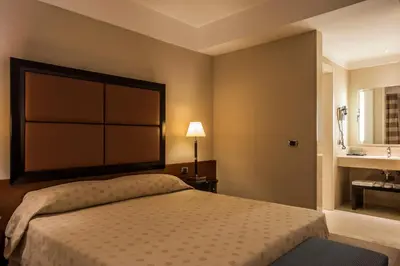a bedroom with a large bed and a sink at Ergife Palace Hotel in Rome