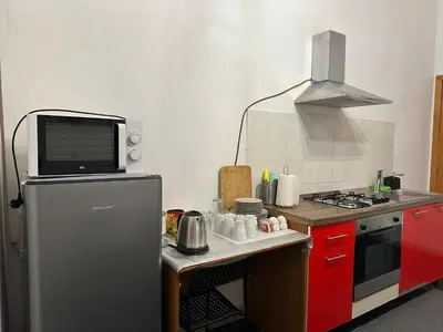a kitchen with a refrigerator and a microwave at Kobe's Apartment in Rome
